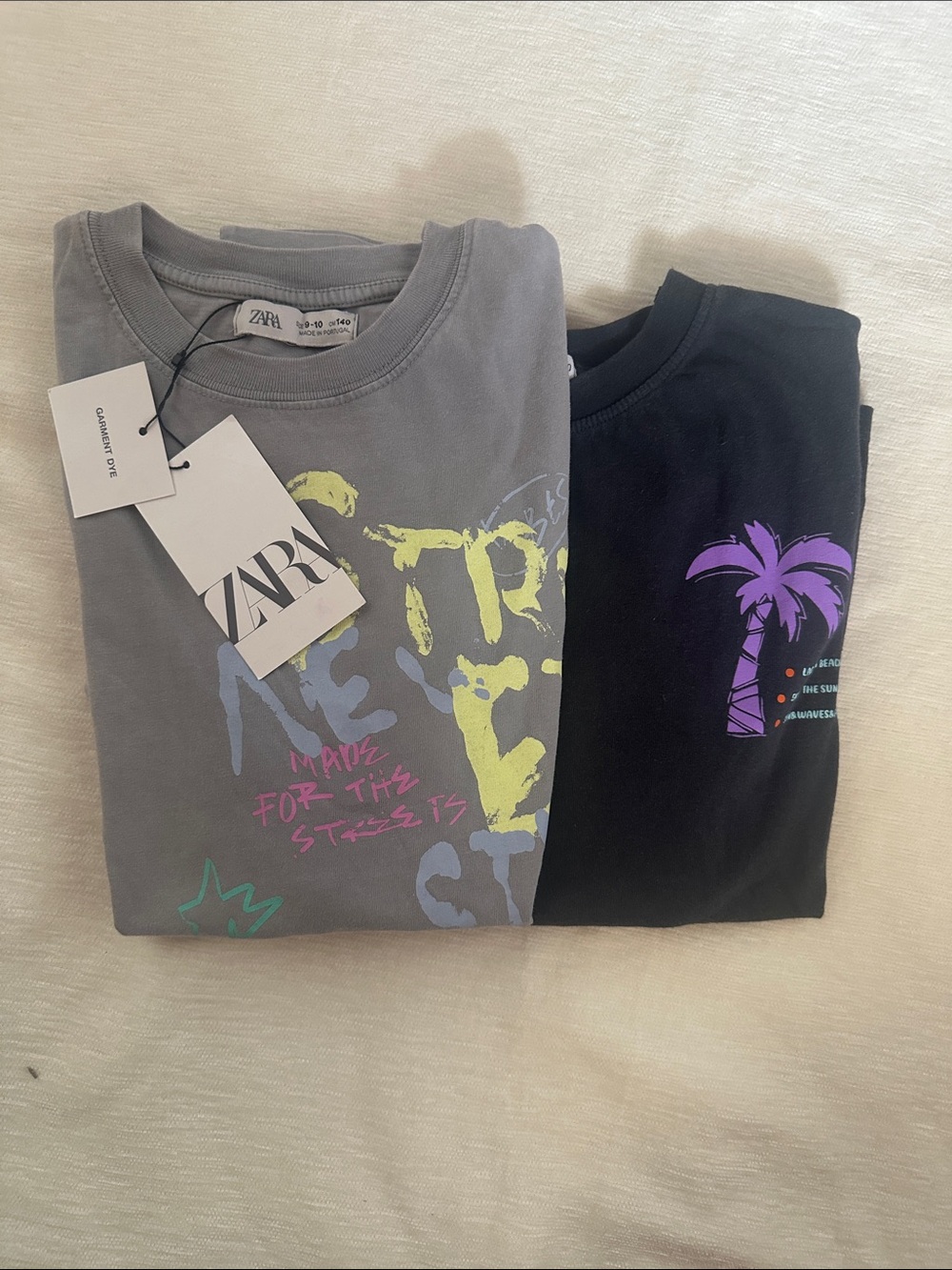 ZARA Kids Grey Graphic Tee with Neon Yellow, Pink & Purple Accents